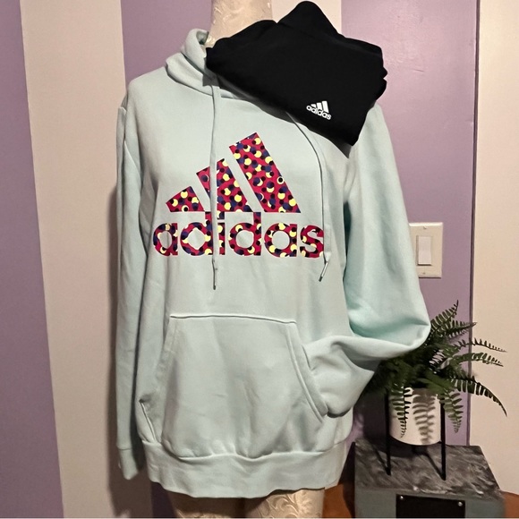Adidas Baby Blue Mint Sweatshirt Pullover Polka Dot Hoodie Women’s Sz Large - Picture 9 of 10